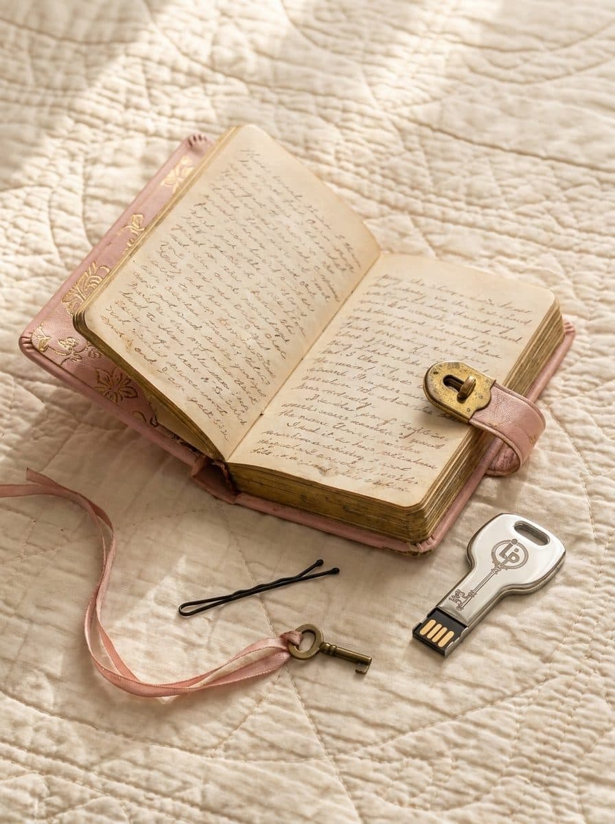 An old pink diary lying open on a quilt beside a bobby pin, its tiny brass key, and the silver Left In Peace key