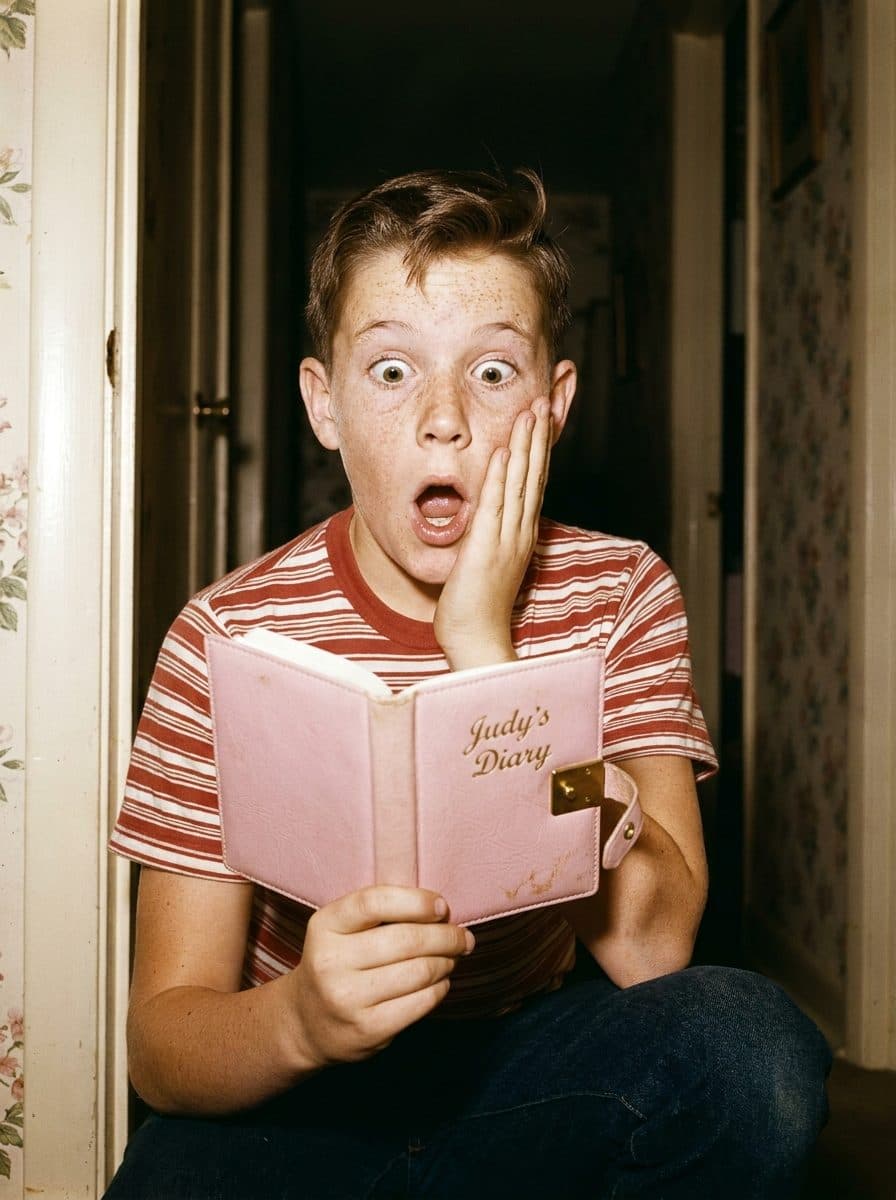 A freckled boy in a 1960s hallway, hand on his cheek and mouth wide open, reading a pink diary embossed “Judy's Diary”