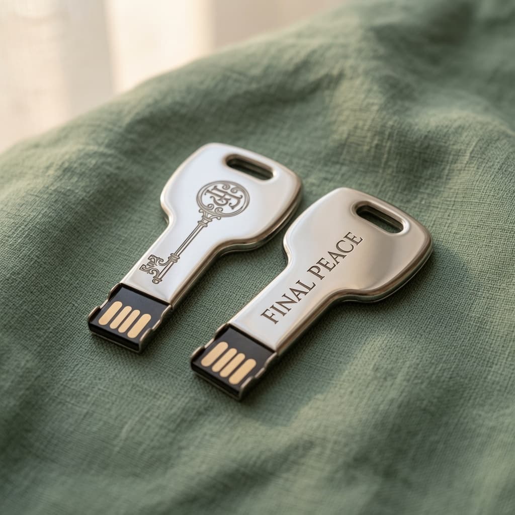 The Final Peace key — a polished silver key-shaped USB drive, shown from both sides: the ornate engraved key with monogram, and the FINAL PEACE wordmark