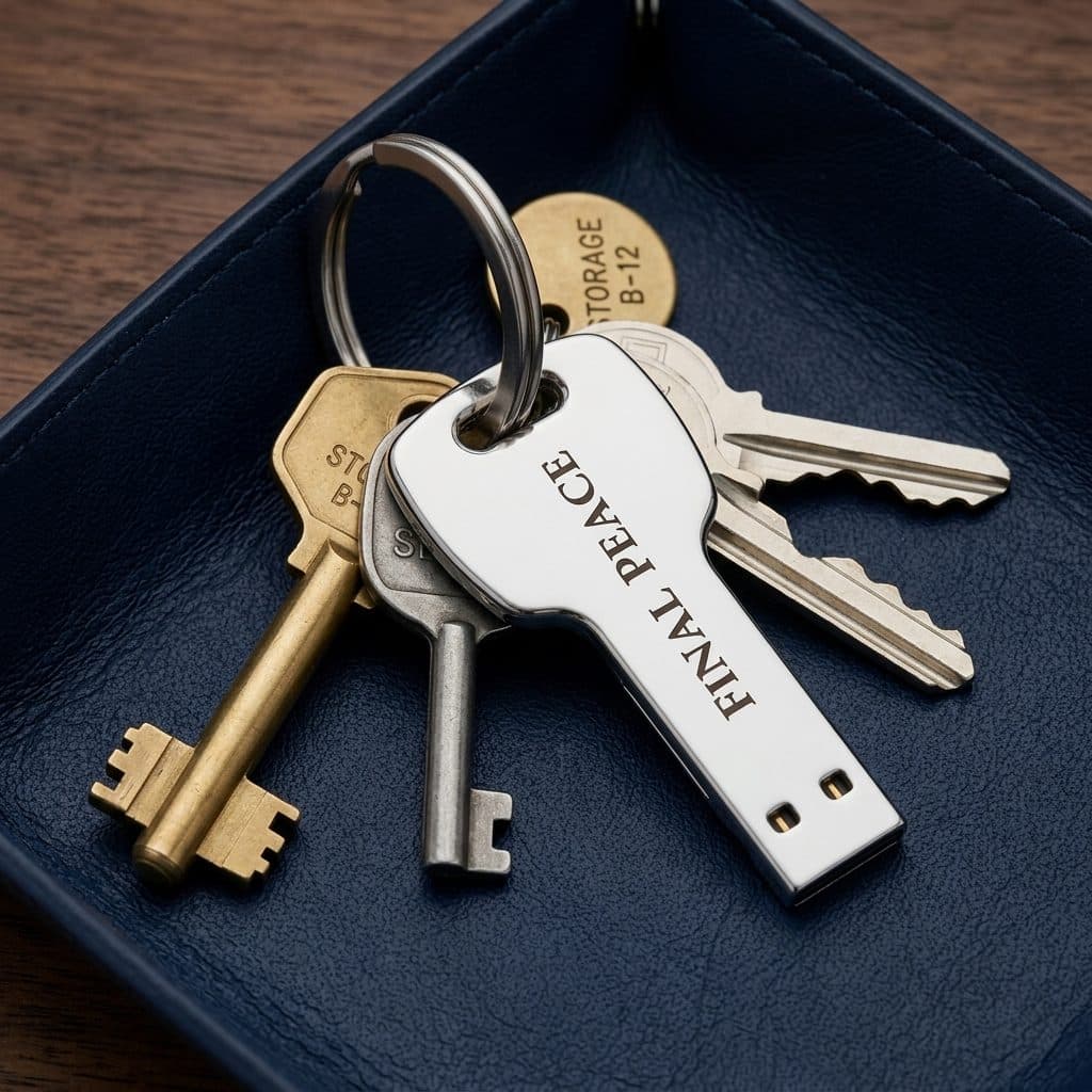 A found keyring in a valet tray: a storage-unit tag marked B-12 that doesn't say which facility or state — beside the engraved Final Peace key that holds the answers